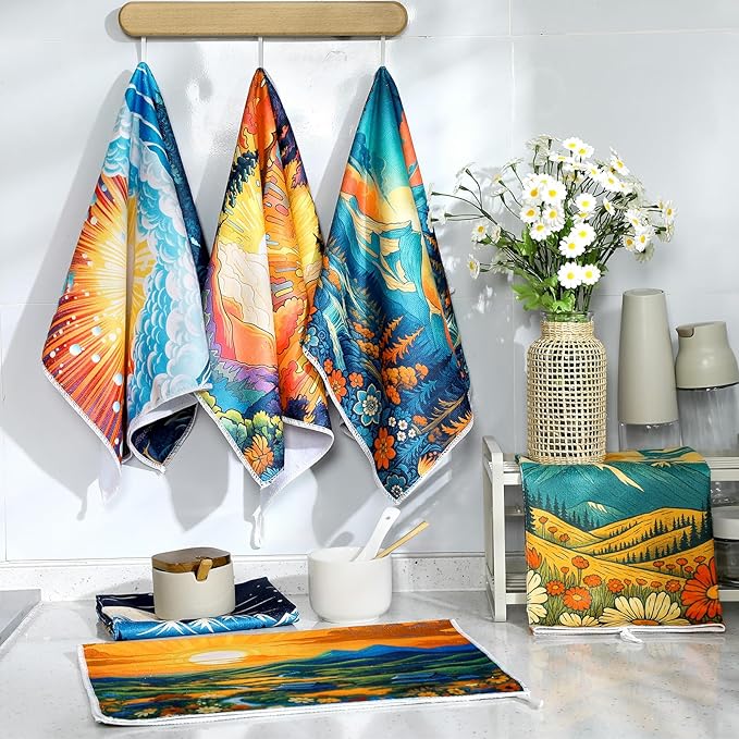 Bencailor 6 Pcs Retro Kitchen Towels 15.7 x 23.6 Inch Farmhouse Vintage Hand Towels Decorative Absorbent Dish Cloth for Bathroom Decor for Cooking Baking Cleaning (Light Color,Sunset)