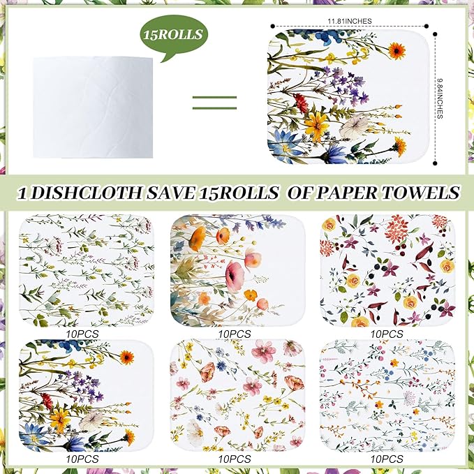 60 Pack Reusable Cleaning Cloths Washable Cotton Kitchen Dish Towels for Home Party Supplies Bulk, 9.84x11.81in (Wildflowers)