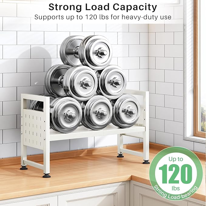 Microwave Stand, 2-Tier Expandable(17.4"-27.4") Microwave Oven Rack, Heavy Duty Adjustable Shelf with 9 hooks, Kitchen Organizer Storage Shelves for Pantry, Countertop, Coffee Bar, Office, Dorm, White