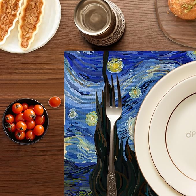 Starry Night Placemats Set of 6,Washable Heat Resistant 12×18 Inch Linen Table Mats,Place Mats for Party Outdoor Dining Décor