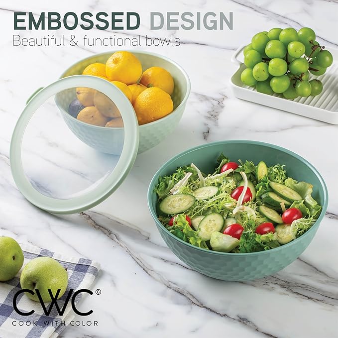 COOK WITH COLOR Mixing Bowls with Lids - 12 Piece Plastic Nesting Bowls Set includes 6 Prep Bowls and 6 Lids, Microwave Safe Mixing Bowl Set, Sage Embossed