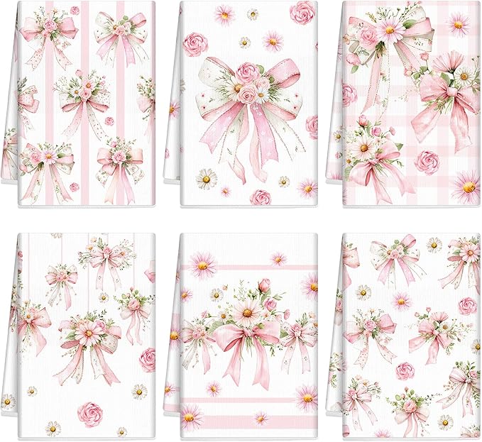 Breling Set of 6 Pink Bow Kitchen Towels Coquette Floral Dish Towel Bathroom Decorative Pink Cute Bowknot Hand Cloths for Kitchen Bathroom Home Cooking Housewarming Gifts, 14 x 21 Inch