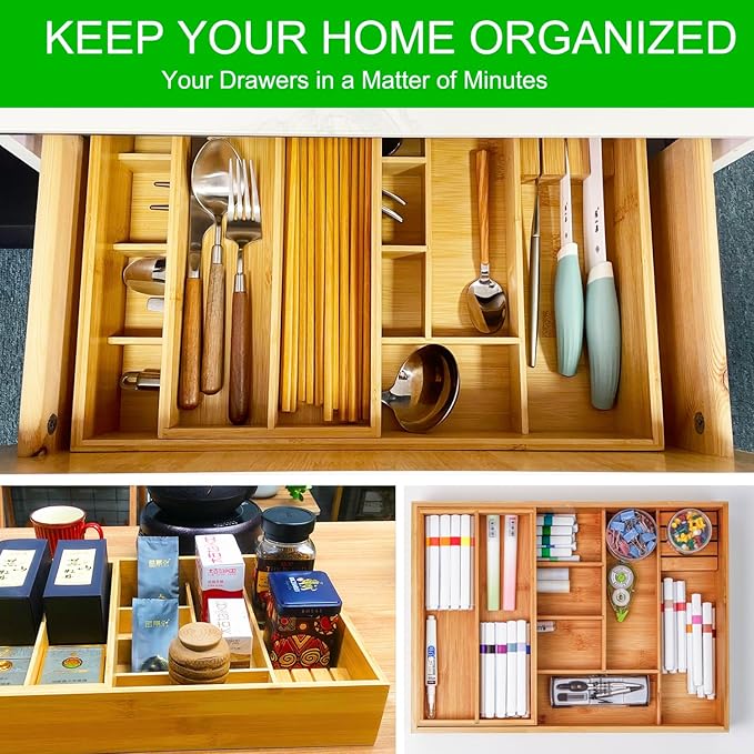 COIWAI Double Layer Bamboo Kitchen Drawer Organizer Cutlery Utensil Silverware Drawer Organizer, Silverware Tray for Drawer Removable Utensil Holder Flatware Organizer Multi-use Storage Box (L)