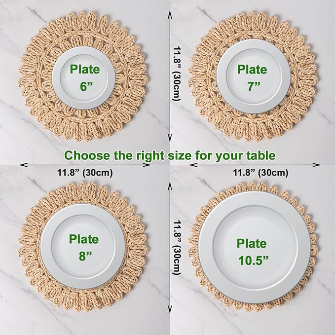 Laquedecraft 11.8" Set of 6 Round Corn Husk Placemats | Boho Woven Rattan Table Mats | Farmhouse Wicker Spring Plate Chargers Like Water Hyacinth, Seagrass for Wedding, Party, Christmas, Events