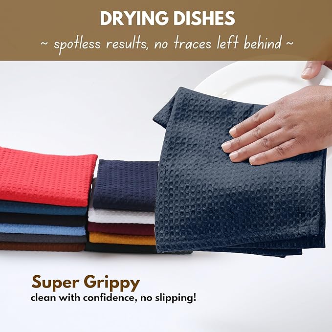 Native Fab Waffle 18 Pack Dish Cloths Set - 100% Cotton, 12"x12", Absorbent, Quick Dry, Washable Towels for Cleaning, Cooking & Drying Dishes - Great for Home, Restaurants, Cafes, Bars - Navy Blue