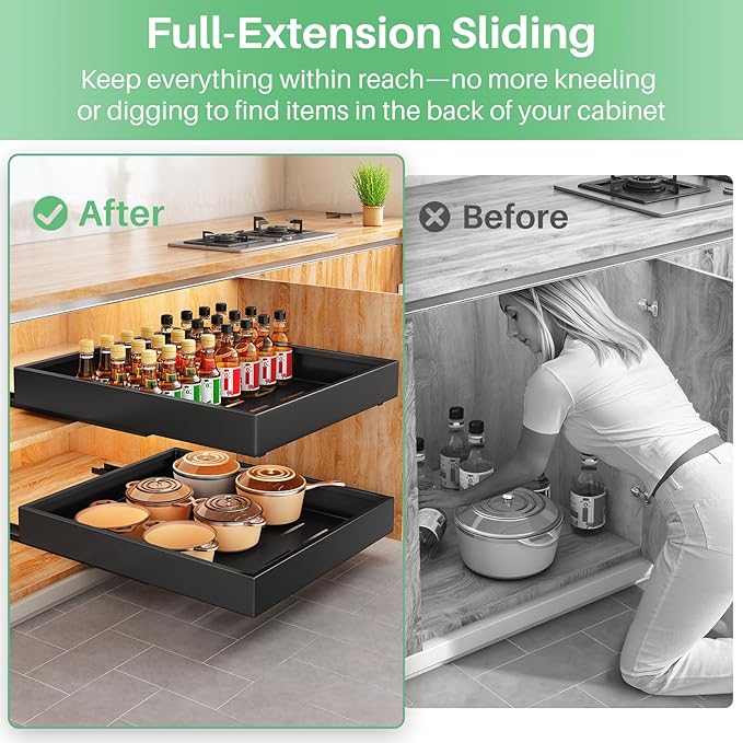 Pull out Cabinet Organizer, 21"Deep, 20"Wide Full-Extension Heavy Duty Slide out Drawers with Nano Adhesive, Roll Out Shelves Sliding Cabinet for Kitchen, Bathroom, Pantry, Under Sink Storage(Black)