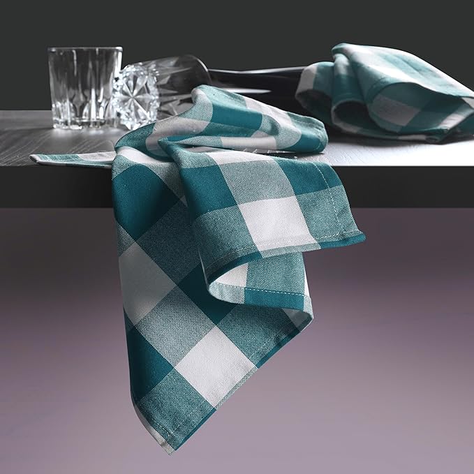 Native Fab Buffalo Check Cloth Napkins, Set of 4, 16"x16", Plaid Checked Pattern, 100% Cotton, Soft, Absorbent, Reusable Table Napkins for Dinner, Wedding, Lunch, Cocktail, Everyday Use - Teal Green
