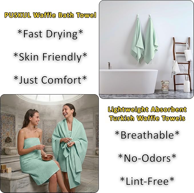 PÜSKÜL Natural 100% Turkish Cotton Waffle Bath Towels Set of 2-Piece | 32x63 inch Extra Large Absorbent Quick-Dry Lightweight Spa Towel | Luxury Sauna Accessories (Ice Green Bath Towels - Pack of 2)