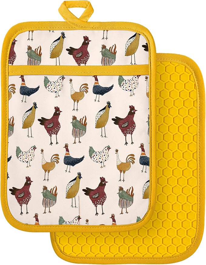 Slohif Silcone Chicken Pot Holders for Kitchen - 100% Cotton Yellow Cute Oven Potholders with Pockets, Heat Resistant Square Thick Hot Pads, House New Home Baking Baker Gifts,2pack