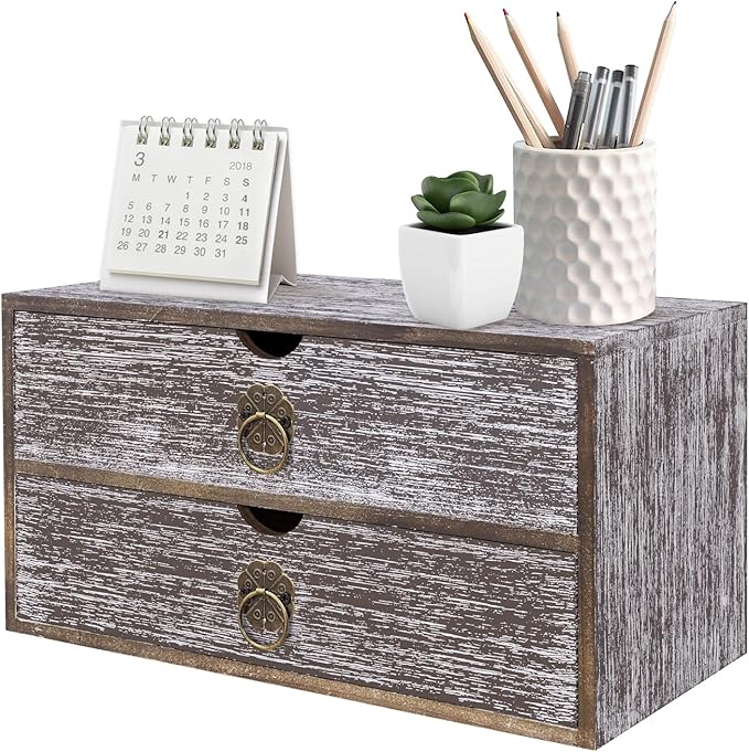 Wood Desk Organizer, Washed Brown Wooden Desktop Organizer with Drawer, Tabletop Storage Organization Box for Countertop, Home Office Supplies, Bills, 13.3 x 6.5 x 7 Inches(2 Drawer)