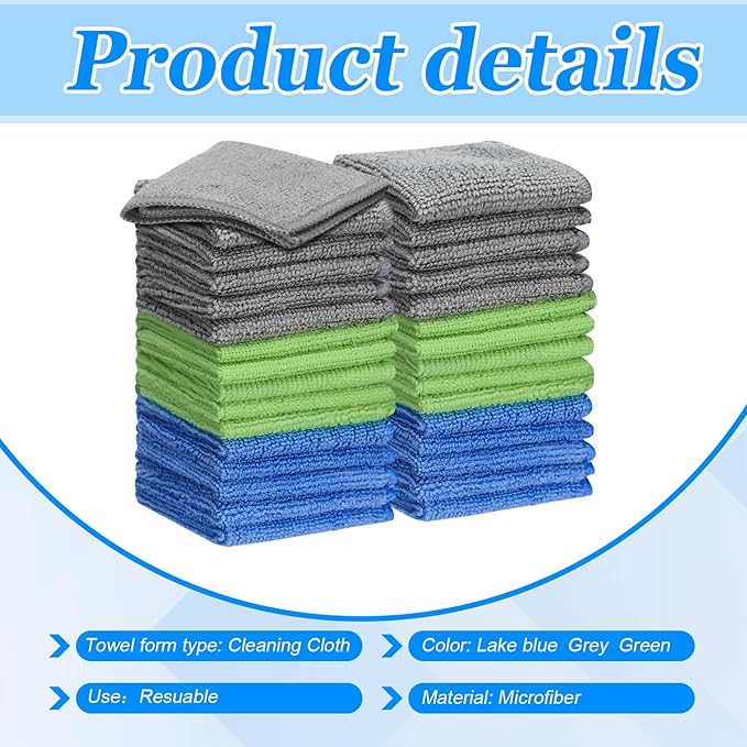 Tanlade Cleaning Cloth Dry Erase Cloth Cleaning Rags Reasonable Kitchen Towels Microfiber Towels Cars Wash(6 x 6 Inch,Gray/Green/Blue,30 Pcs)
