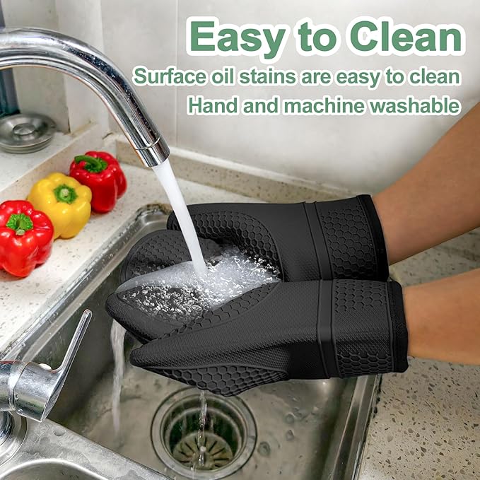 Silicone Oven Mitts Heat Resistant to 500ºF - [Ultra Heat Resistant] [Thickened Liner] [Waterproof Silicone] Kitchen Oven Gloves Mittens for Cooking, 1 Pair (Black)