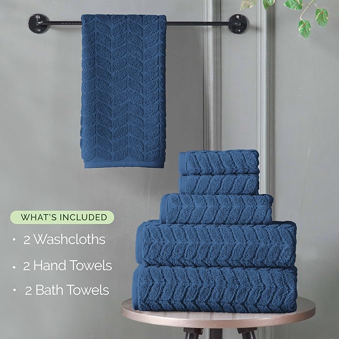 Elegant Comfort Luxury 6-Piece 100% Turkish Cotton Jacquard Braided Textured Premium Hotel Quality Towel Set– Soft and Absorbent, Includes 2 Bath Towels, 2 Hand Towels and 2 Washcloths, Navy