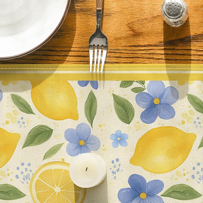 Artoid Mode Lemon Flowers 210 GSM Summer Table Runner, Seasonal Spring Kitchen Dining Table Decoration for Home Party Decor 13x36 Inch