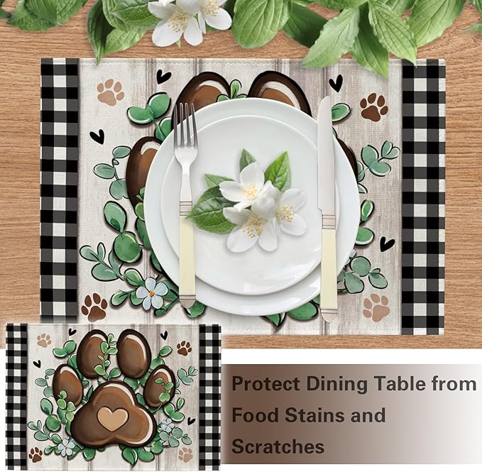 Cat Dog Paw Prints Placemats Set of 4, Eucalyptus Leaves Buffalo Plaid Dining Place Mats Table Decor, Farmhouse Flower Home Kitchen Decoration Pet Owner Lover Gifts 12''x18''