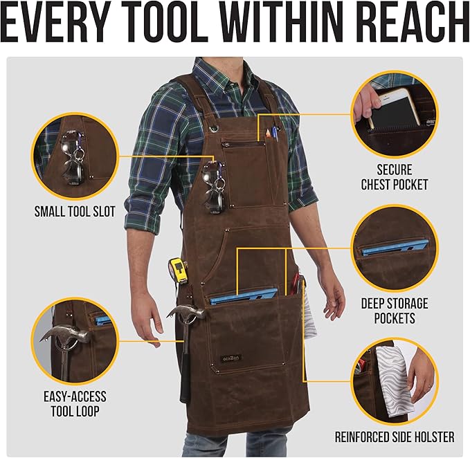 ecoZen 16oz Waxed Canvas Work Apron with Pockets - Waterproof, Fully Adjustable to Comfortably Fit Men and Women, 27 x 34 inches, Tough Tool Apron for Lasting Protection - Brown, Size S to XXL