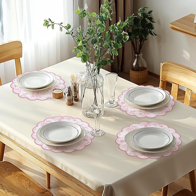 60 Pcs Pink Floral Paper Placemats, 13.5 Inch Disposable Scalloped Table Mats Wedding Placemats, Vintage Floral Banquet Place Mats for Table Setting Mother's Day Anniversay Wedding Bridal Tea Party