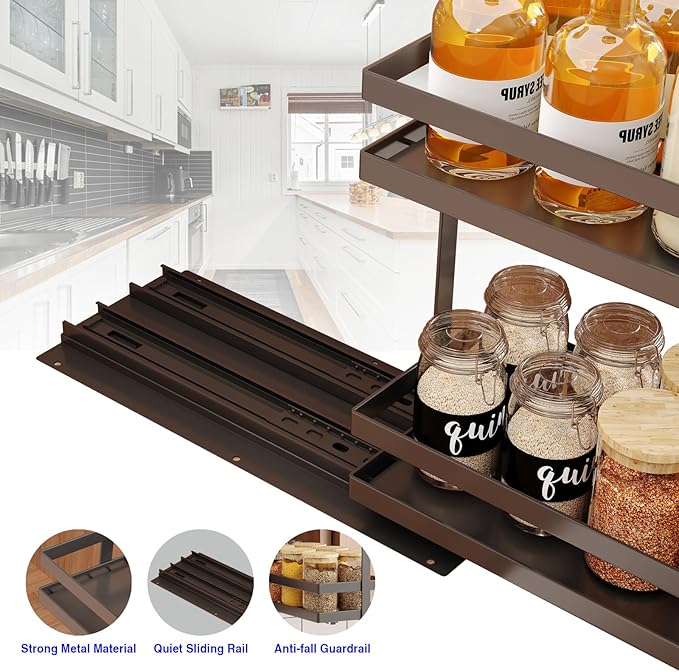 Mustorn Pull Out Spice Rack Organizer for Cabinet, 2 Tier Metal Slide Out Seasoning Organizer and Storage Heavy Duty Vertical Spice Rack Shelf Pullout for Kitchen Cabinets No Drilling(1 Pack, Black)