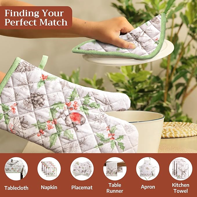 Maison d' Hermine 100% Cotton Oven Mitt & Pot Holder Set (7.5"x13" & 8"x8") Heat Resistant BBQ Cooking Gloves with Loop for Thanksgiving Christmas Decorations Handling Hot Pans (Christmas Dew)