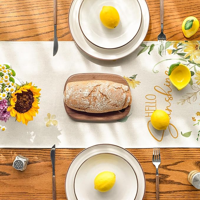 Artoid Mode Hello Sunshine Sunflower Eucalyptus Summer Table Runner, Seasonal Spring Kitchen Dining Table Decoration for Home Party Decor 13x72 Inch