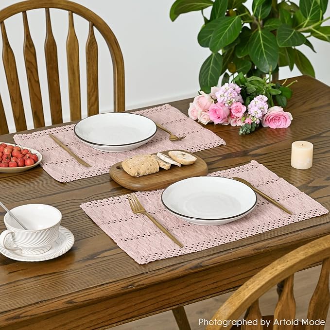 Artoid Mode Pink Farmhouse Woven Rustic Hollow Placemats Set of 4,12x18 Inch Seasonal Holiday Table Mats Party Kitchen Dining Decoration