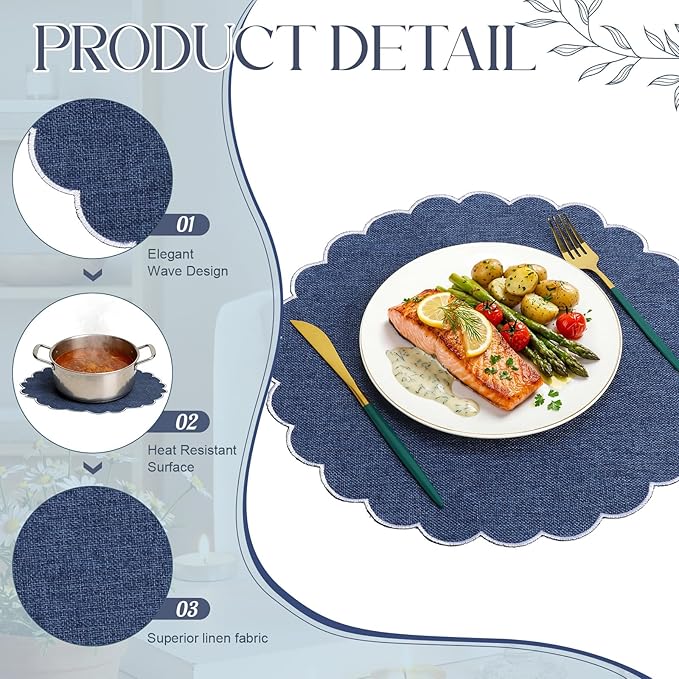 Set of 12 Navy Blue Cotton Placemats 15 Inch Round Scalloped Embroidery Placemats Washable Double Layered Rustic Table Mat Fabric Napkins for Wedding Table Decor