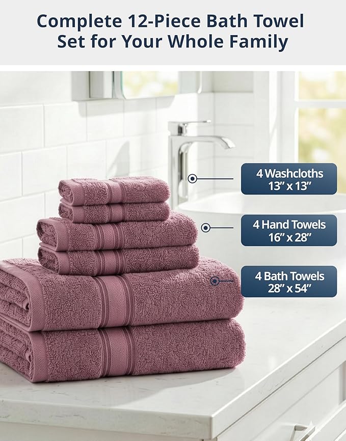 LANE LINEN Bathroom Towels Set of 12 – Zero Twist, 100% Cotton Soft Towel, 4 Bath, 4 Handtowel & 4 Washcloths, Luxury Hotel Design, Perfect for Salon & Guests, Machine Washable – Wishful Mauve