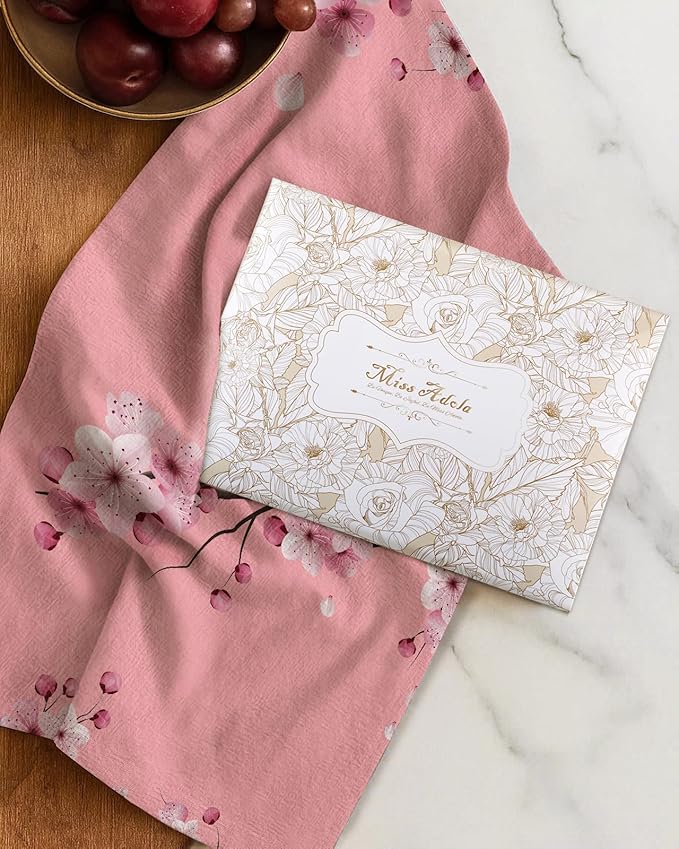 Miss Adola Flour Sack Kitchen Towels - Set of 2 Cotton Dish Towels with Hanging Loop Decorative 18x26 Inch Absorbent Cute Design for Housewarming Gifts, Pink Blossom
