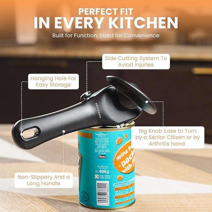 Bellemain- Safe Cut Stainless Steel Ergonomic Can Opener, Manual, Smooth Edge Perfect For Home Chefs and Restauraunts