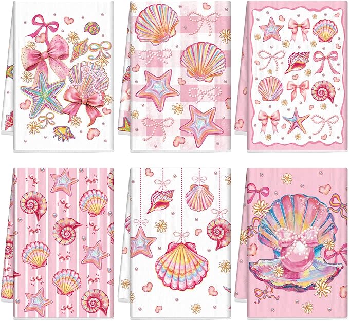 Breling Set of 6 Pink Beach Kitchen Towels Coastal Beach Dish Towel Bathroom Decorative Seashell Bow Rustic Hand Cloths for Kitchen Bathroom Home Cooking Housewarming Gifts, 14 x 21 Inch