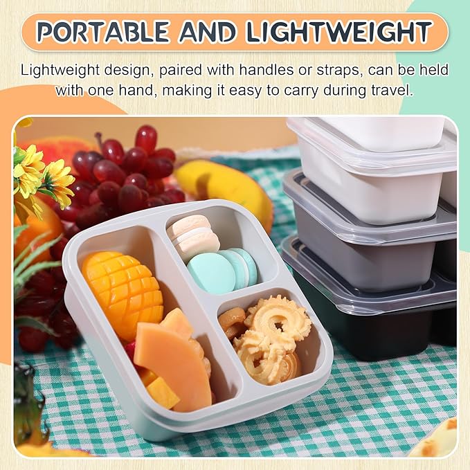Honeydak 5 Pack Snack Containers 3 Compartment Bento Snack Boxes Divided Meal Prep Containers with Lids Reusable Adults Lunch Food Storage Box for School Work Travel(Black and White Ombre)