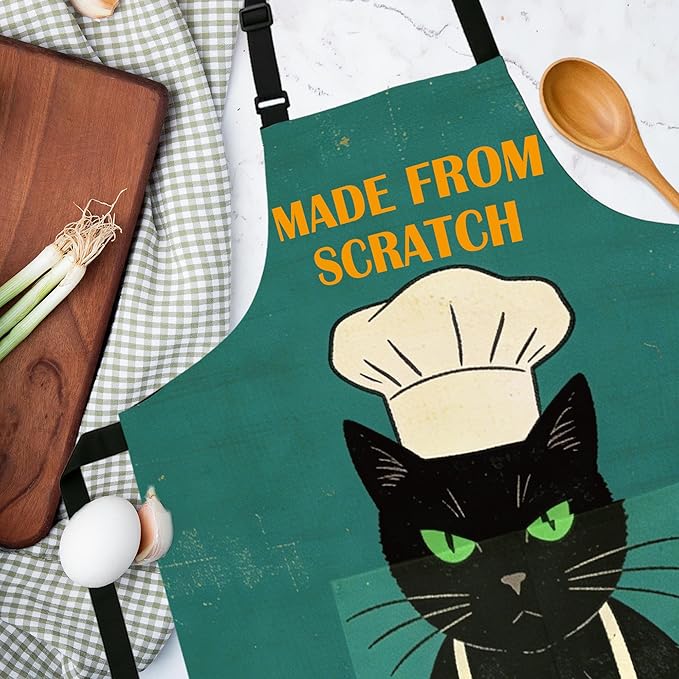 Funny Aprons for Women, Cat Mom Gifts, Made from Scratch Aprons for Women with Pockets