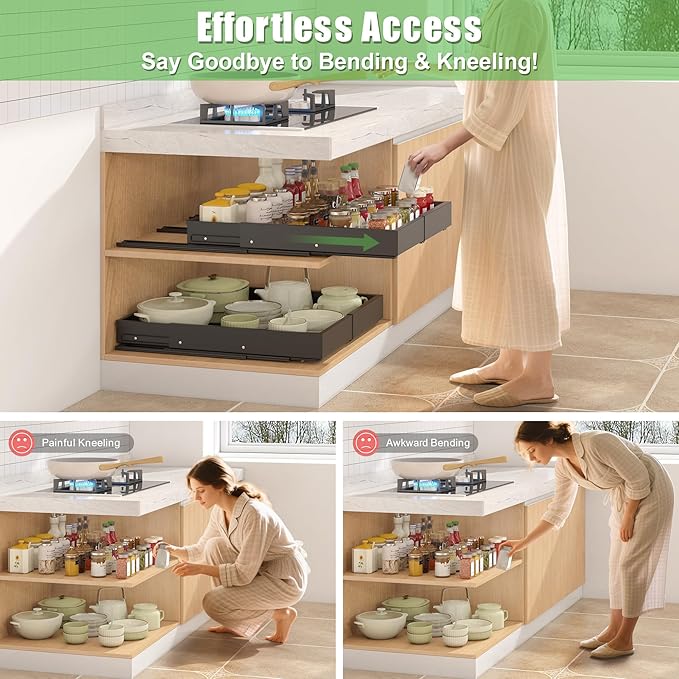 2 Pcs Pull Out Drawers for Cabinets Organizer Expandable Width(11.8"-19.4"), Depth(16.45"-21.7") With 3 Rails, No Drill Roll Out Drawer, Adhesive Sliding Drawers for Kitchen Pantry Storage (Black)