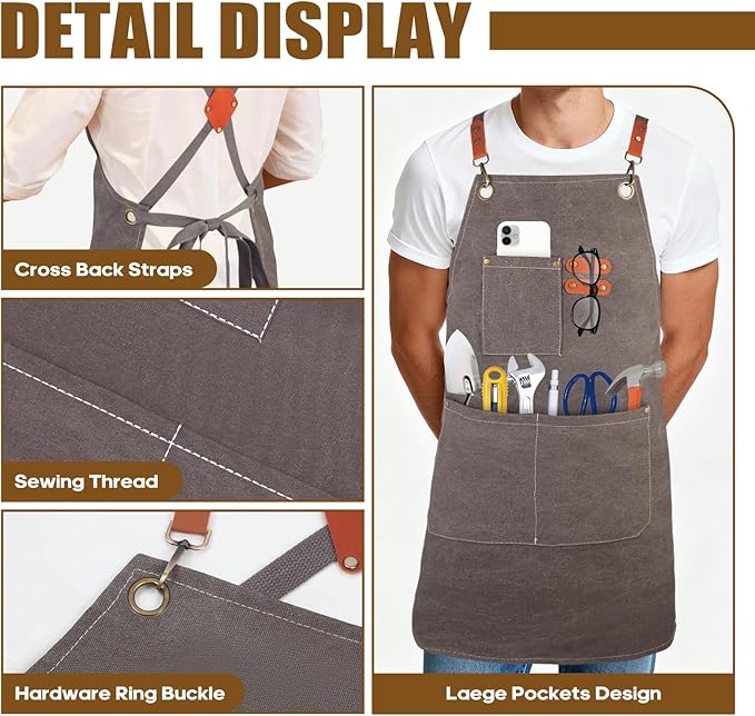 Aprons For Women Men With Large Pockets, Waterproof Cotton Chef Aprons For Cooking Server Grilling Bbq Kitchen