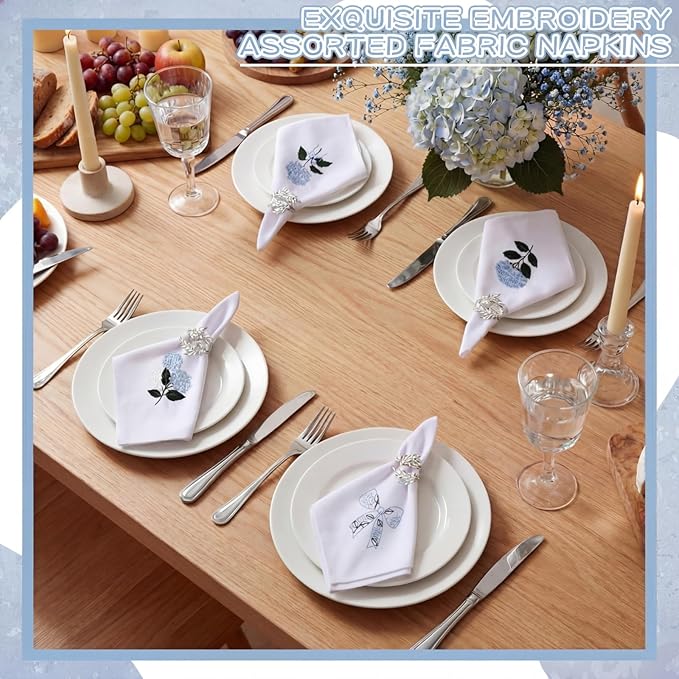 HunnmingRe 12 Pcs Blue Hydrangea Cloth Napkins Bulks 100% Cotton Spring Floral Dinner Tea Party Cocktail Napkins Embroidered Handtowel Country French Reusable Washable for Kitchen Weddings 17x17inch