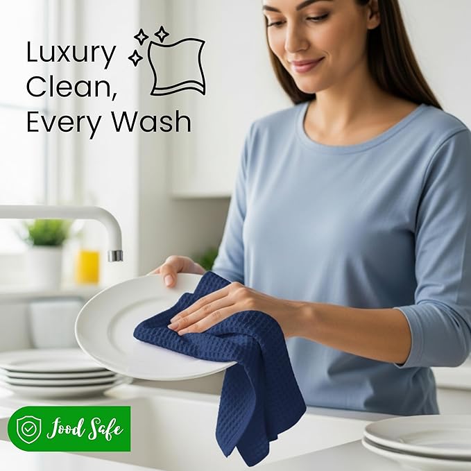 WHITEWRAP Premium Cotton Classic Waffle Weave Kitchen Dish Cloths, 12x12 Inch Ultra Absorbent Lint-Free Dish Towels, Fast Drying Dishcloths for Washing Dishes, 6 Pack, Blue