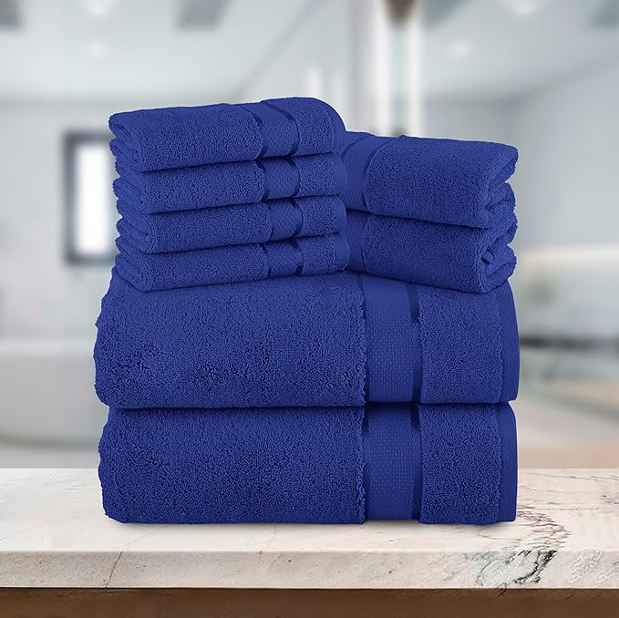 Elegant Comfort Premium Cotton 8-Piece Towel Set, Includes 4 Washcloths, 2 Hand Towels and 2 Bath Towels, 100% Turkish Cotton - Highly Absorbent and Super Soft Towels for Bathroom, Royal Blue