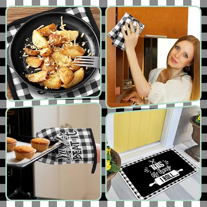 Fourluoo 12 Pcs Checkered Buffalo Kitchen Oven Mitts and Pot Holders Black and White Dish Towels Farmhouse Kitchen Decor Accessories Set for Chef Baking Cooking Grilling BBQ Women Mom Gift
