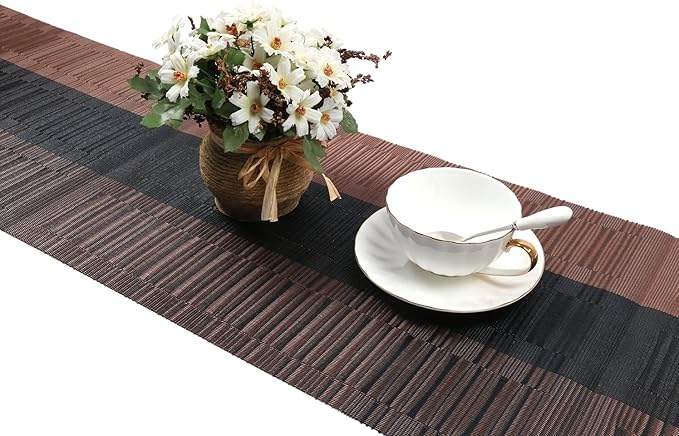 SHACOS Table Runners Woven Vinyl Table Mats 12x54 inch for Kitchen Dining Table Non Slip Washable, Ombre Coffee Black