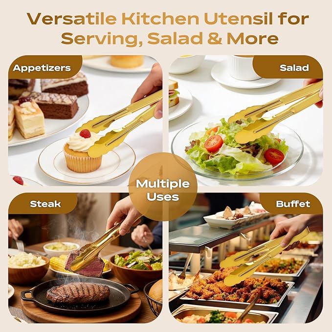 6 Pack Stainless Steel Serving Tongs, 9 Inch Gold Salad Tongs Serving Utensils Buffet Tongs Gold Plated Heavy Duty Reusable Metal Kitchen Clips for Salad, Snack, Barbecue, Catering, Wedding, Party