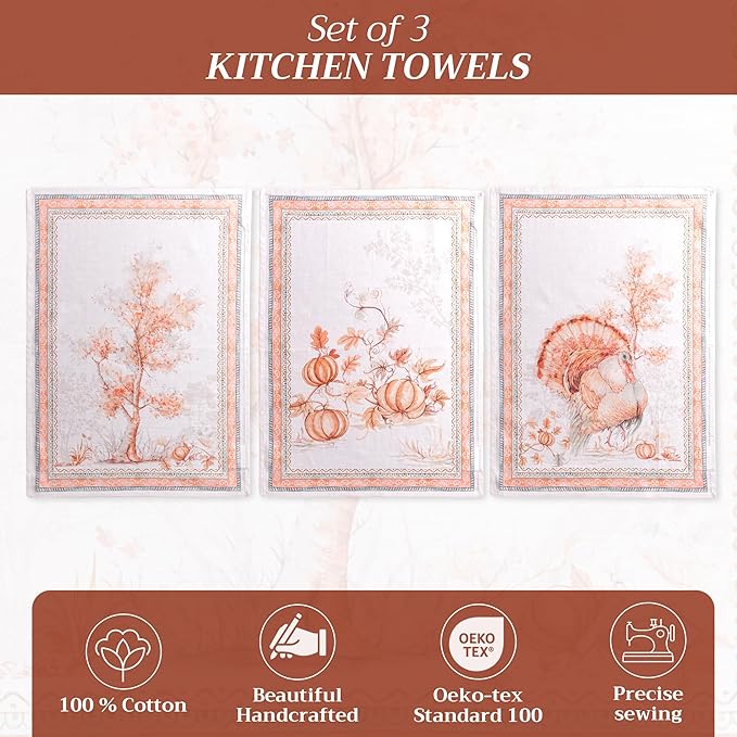Maison d' Hermine Kitchen Towels Set of 3 100% Cotton 20" x 27.5" Reusable Cloth Tea Dish Towels Absorbent with Hanging Loop for Kitchen Dining Thanksgiving Christmas Decorations (Giving Thanks)