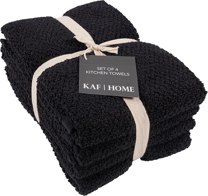 KAF Home Set of 4 Deluxe Popcorn Terry Kitchen Towels | 20 x 30 Inches | 100% Cotton Kitchen Dish Towels (Black)
