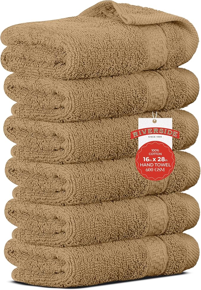 RIVERSIDE 6 Pack Premium Hand Towels Set, 16x28 inches, 100% Ring Spun Cotton, 600 GSM, Soft, Quick Dry and Highly Absorbent, Towels for Bathroom, Kitchen, Gym, Spa - Tan