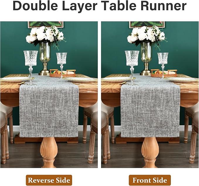 Farmhouse Rustic Faux Linen Table Runner Neutral Grey Table Runners Double Layer Reversible Rectangle Runners for Daily Use Kitchen Dining Banquet Holiday 13x72 Inch