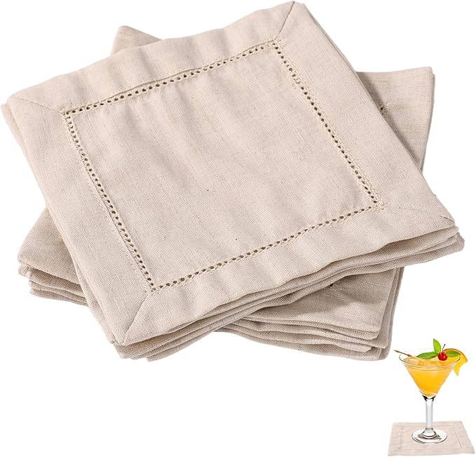12pcs Linen Feel Cocktail Napkins, 6x6 Inch Reusable Cotton Cloth Serviettes Napkins Hemstitch Coaster Fabric for Wedding Birthday Baby Shower Party Home Table Bar Supplies (Natural)