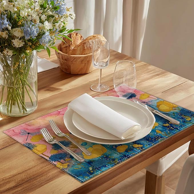 HOMETITUTE Linen Placemats Set of 4 12x18 inch Spring Table Mats for Dining Table Colorful Floral Farmhouse Decorations Kitchen Decor Desk Mat for Outdoor Home Party Kitchen Seasonal Dining Decor