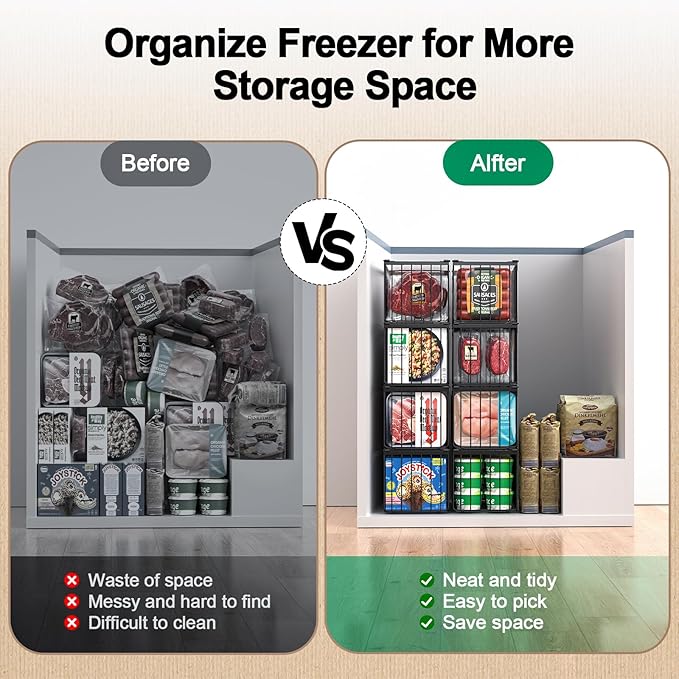 MSERCUOR Freezer Organizer Bins, 2 Pack Stackable Deep Chest Freezer Organizer Bins, Foldable Freezer Baskets with Handles, Black Freezer Storage Organizer Baskets for 5/ 7 Cu.FT Sort Frozen Meats