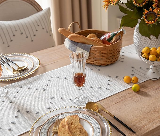 Boho Table Runner 13 x 108 Inch Long Natural Cotton Woven Runner with Tassels for Home Dining Table décor, for Modern Farmhouse Decor Coffee Table Runner, Grey and Beige