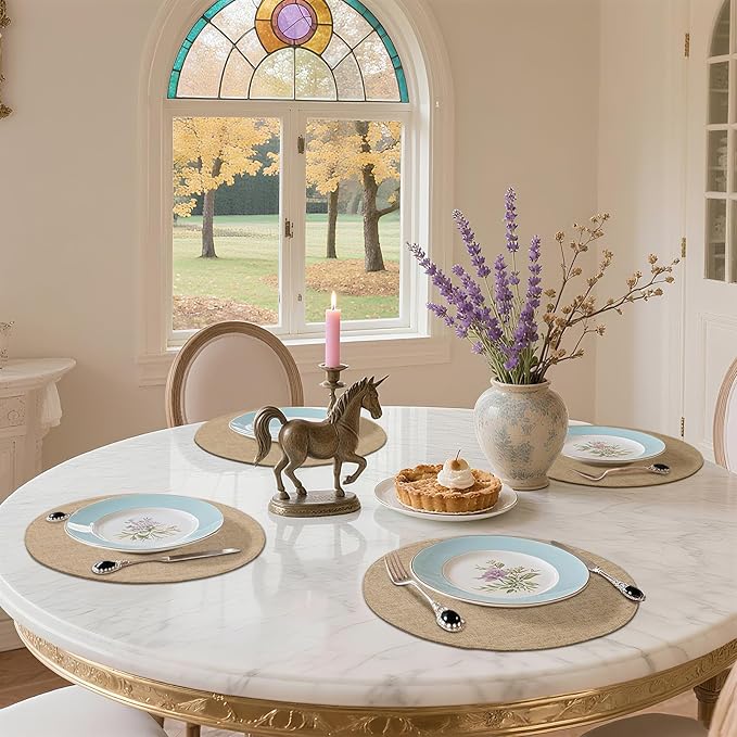 homing 15 Inch Round Cloth Placemats Set of 6, Cotton Linen Blend Washable Table Mats, Farmhouse Dining Place Mats for Indoors & Outdoors, Easy to Clean, Linen