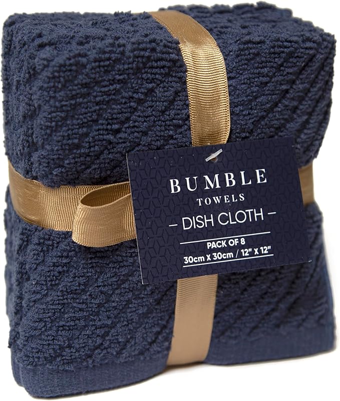 Bumble Towels Premium Kitchen Dish Cloths (12" x 12") | 8 Pack | Diagonal Deluxe Dish Cloth | High Absorbent Tea Towels Set | Navy Blue